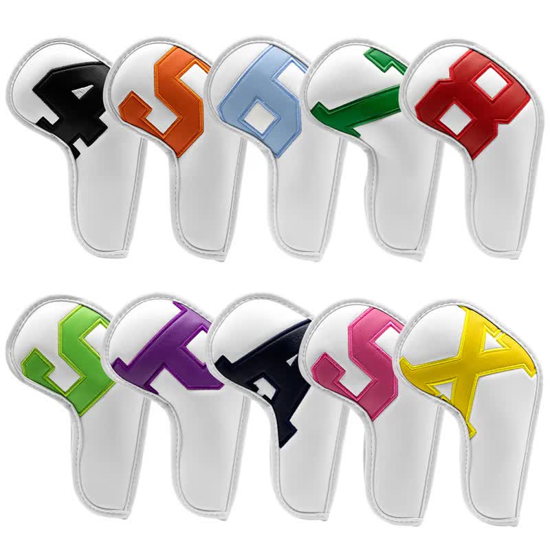 Colorful Words On White Background PU Leather Golf Iron Headcovers Set 10pcs - Numbered Protective Club Covers 4-9, P, A, S, L Universal Fit