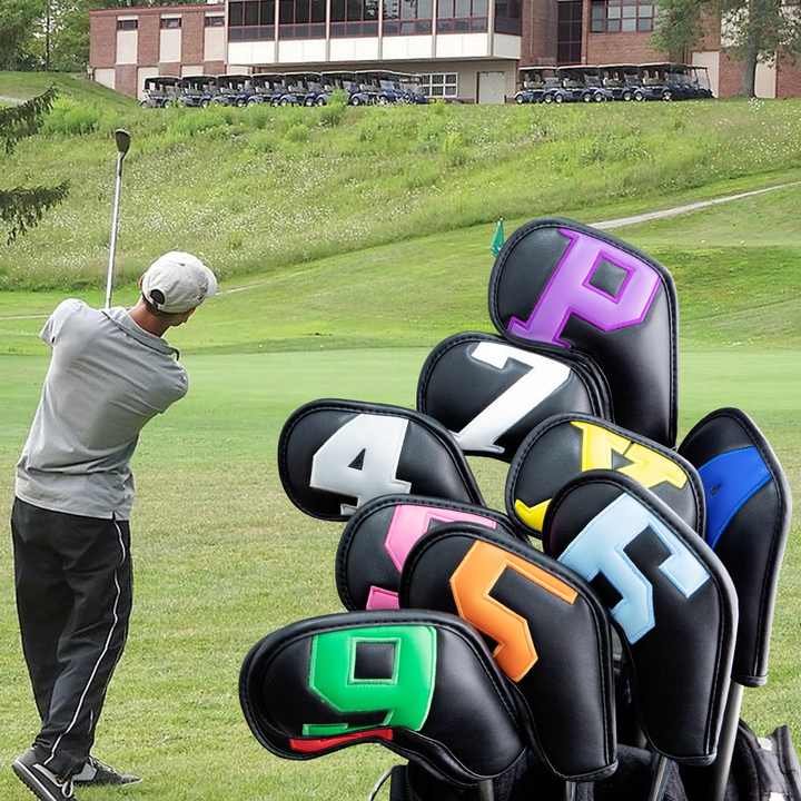 Colorful Words On Black Background PU Leather Golf Iron Headcovers Set 10pcs - Numbered Protective Club Covers 4-9, P, A, S, L Universal Fit