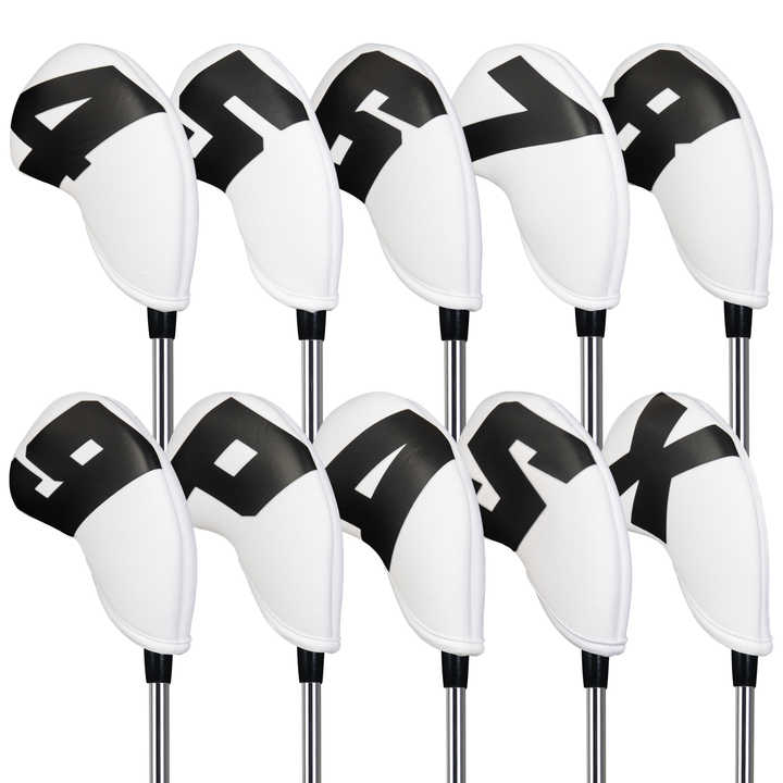 Black Words On White Background PU Leather Golf Iron Headcovers Set 10pcs - Numbered Protective Club Covers 4-9, P, A, S, L Universal Fit