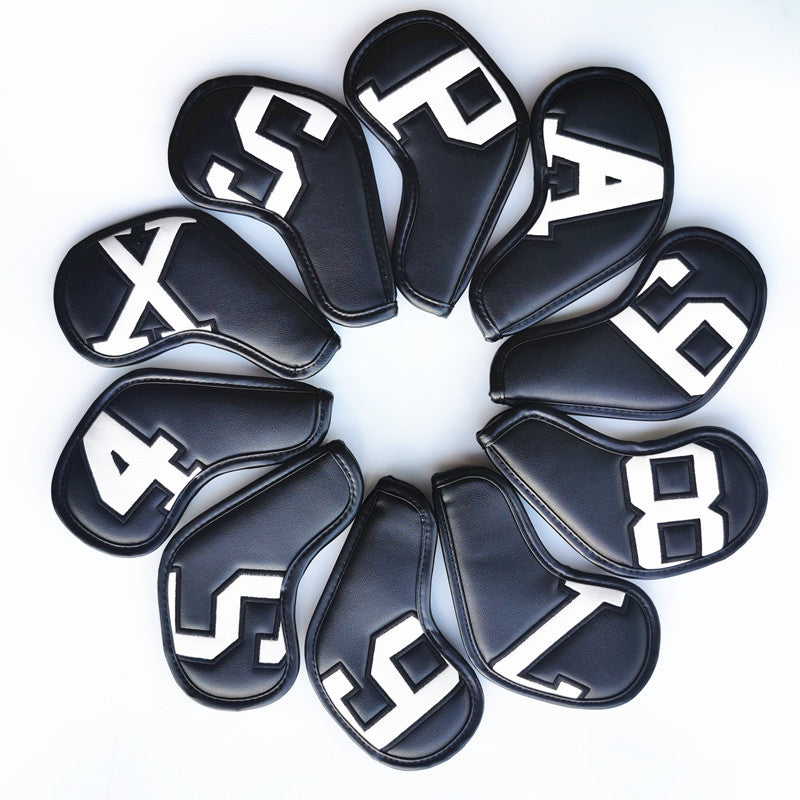 White Words On Black Background PU Leather Golf Iron Headcovers Set 10pcs - Numbered Protective Club Covers 4-9, P, A, S, L Universal Fit