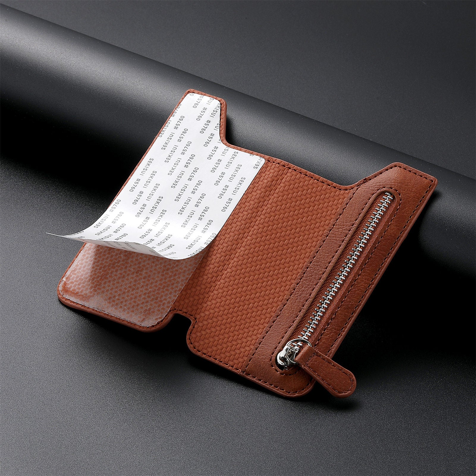 2 Pcs Brown Multifunction Stick-On Phone Wallet - PU Leather Card Holder with Zipper & Flip Cover