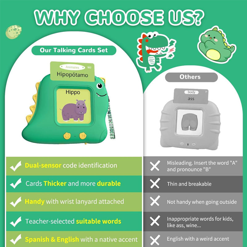 Little Green Dinosaur 112 cards Bilingual Early Learning Flash Card Reader - Interactive Audio Toy for Toddlers