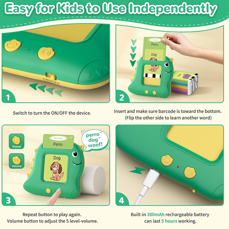 Little Green Dinosaur 112 cards Bilingual Early Learning Flash Card Reader - Interactive Audio Toy for Toddlers
