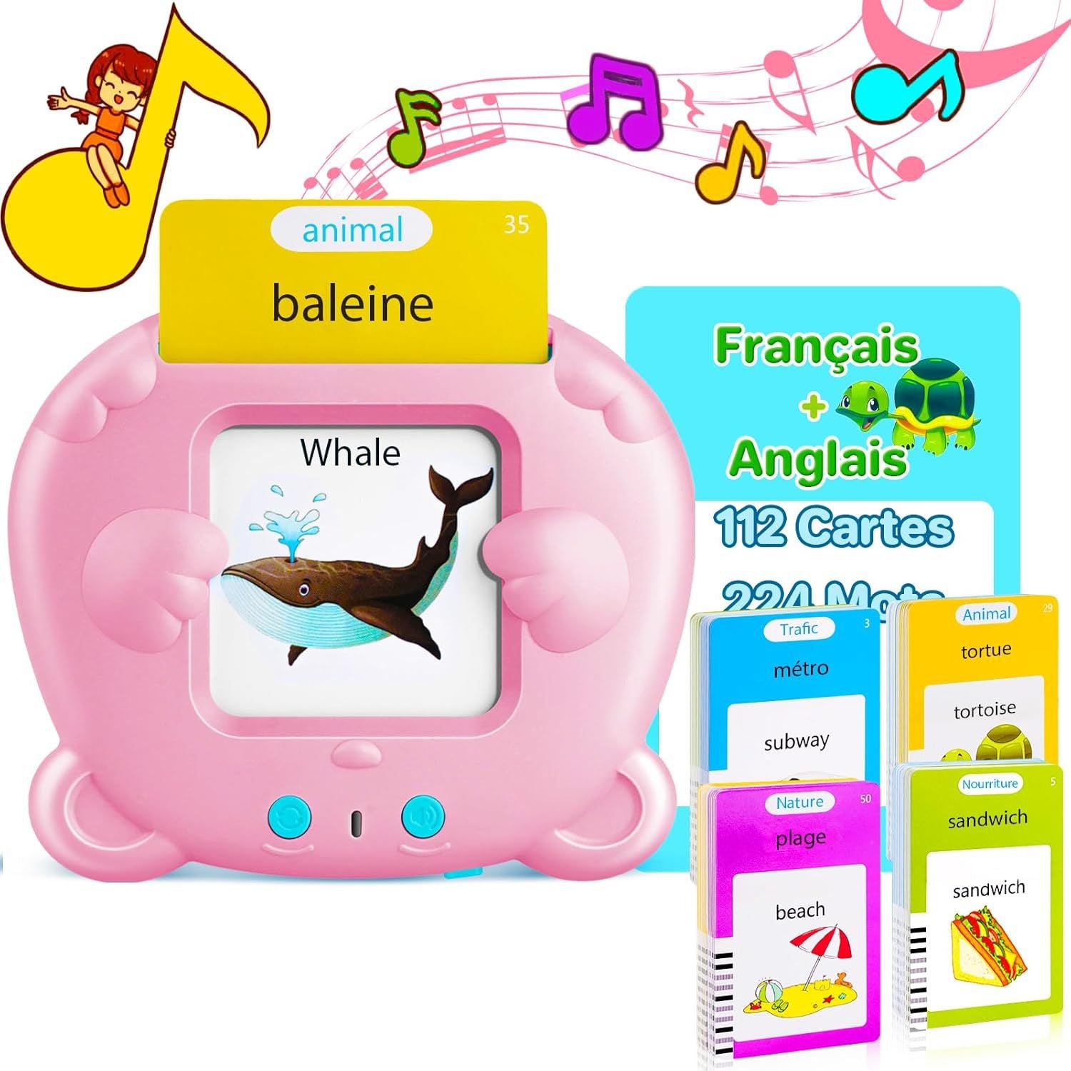 Pink Panda Plain English 112 Cards 224 Contents Bilingual Early Learning Flash Card Reader - Interactive Audio Toy for Toddlers