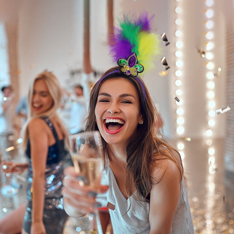 Yellow Clown Pattern Festive Mardi Gras Feather Headband Set - 10 Pack Sequin Jester Hat Party Accessory