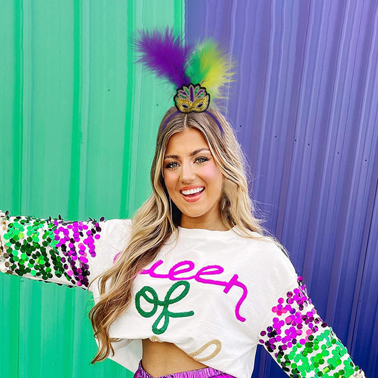 Yellow Clown Pattern Festive Mardi Gras Feather Headband Set - 10 Pack Sequin Jester Hat Party Accessory
