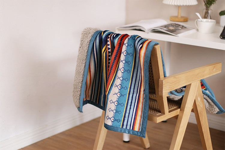 Double-Sided Geometric & Plush Throw Blanket - Warm 70x100cm Multi-Use Wrap Color stripes/Back side light brown