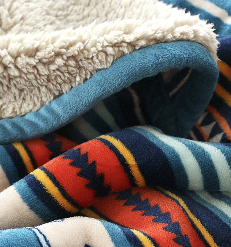 Double-Sided Geometric & Plush Throw Blanket - Warm 70x100cm Multi-Use Wrap Color stripes/Back side light brown