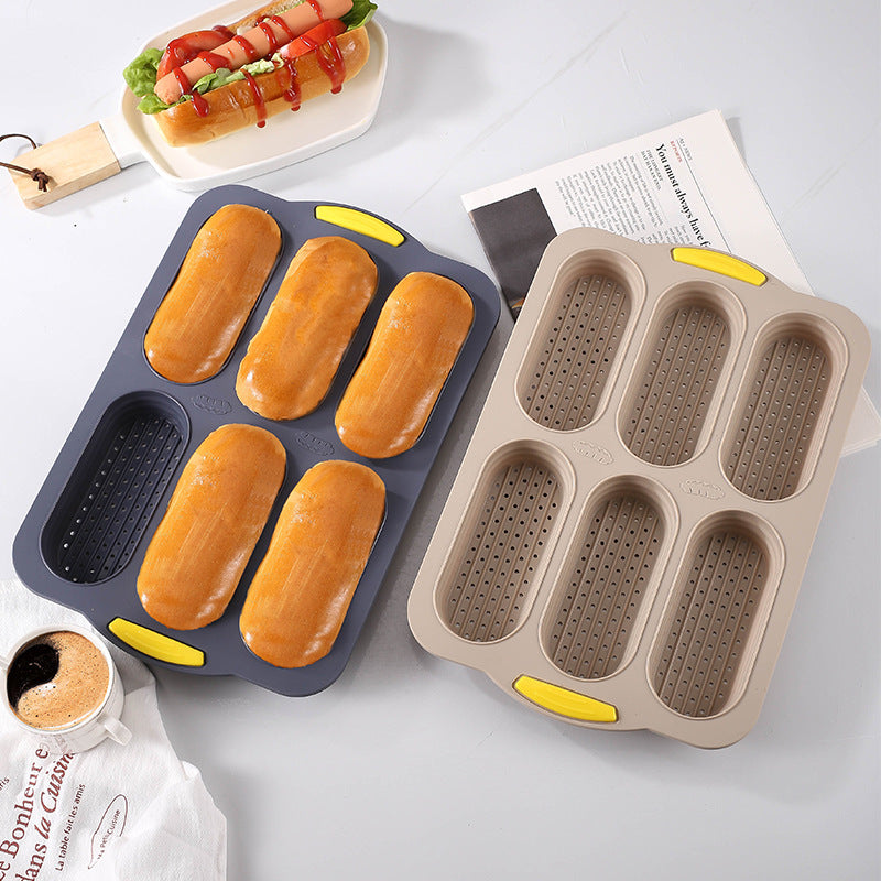 Grey 6-hole silicone baking mold, perforated loaf pan 37.5 cm x 24.5 cm, suitable for bread and cakes sold in sets of 2