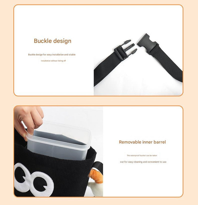 White Cute Cartoon Car Trash Bin with Adjustable Strap - Water-Repellent Corduroy 19x24cm
