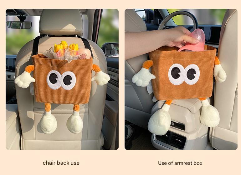 White Cute Cartoon Car Trash Bin with Adjustable Strap - Water-Repellent Corduroy 19x24cm