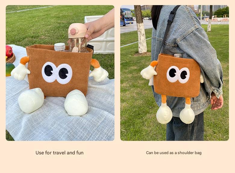 White Cute Cartoon Car Trash Bin with Adjustable Strap - Water-Repellent Corduroy 19x24cm