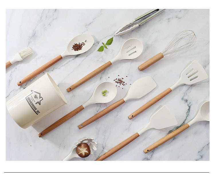 Dark Grey 11-Piece Silicone Kitchen Utensil Set with Wooden Handles and Storage Bucket - Heat Resistant and Non-Stick