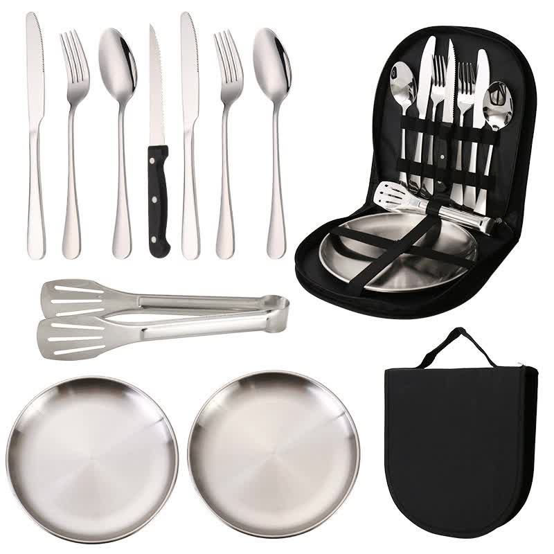 6-Piece Portable Stainless Steel Cutlery Set with Plate and Bag - Silver, Great for Camping and Travel Steak Knife