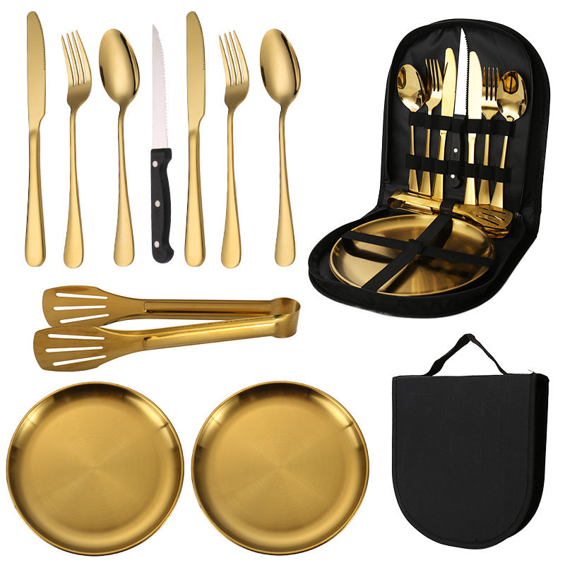 6-Piece Portable Stainless Steel Cutlery Set with Plate and Bag - Gold, Great for Camping and Travel Steak Knife