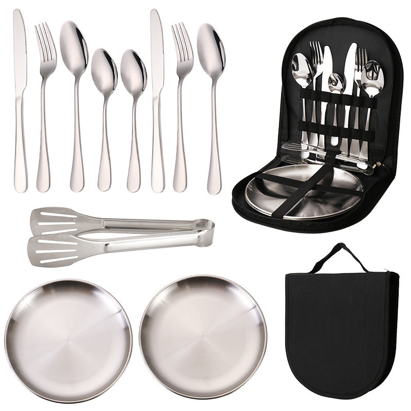 6-Piece Portable Stainless Steel Cutlery Set with Plate and Bag - Silver, Great for Camping and Travel Teaspoon