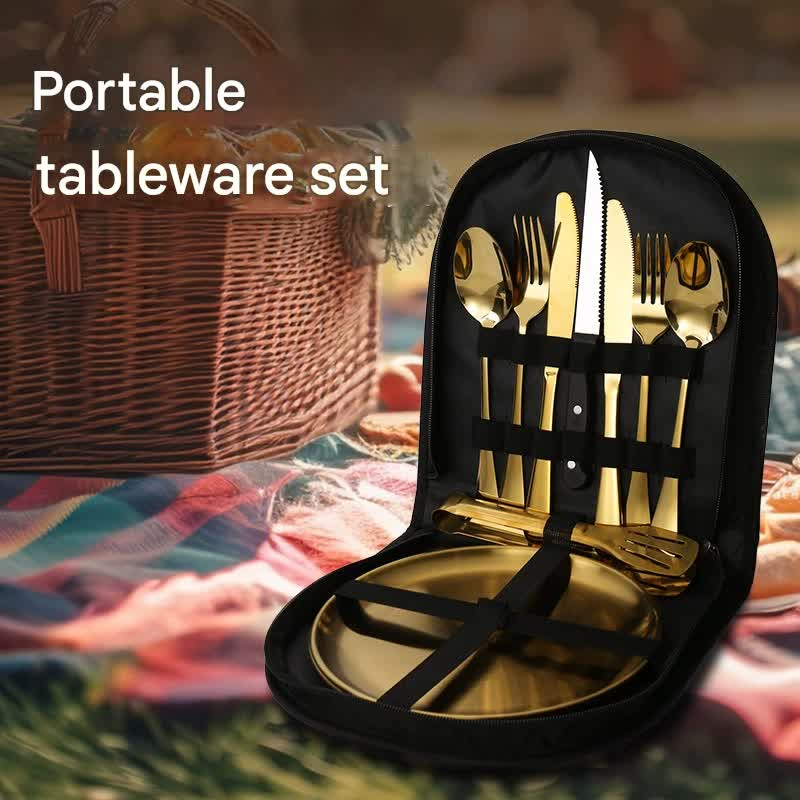 6-Piece Portable Stainless Steel Cutlery Set with Plate and Bag - Gold, Great for Camping and Travel Teaspoon