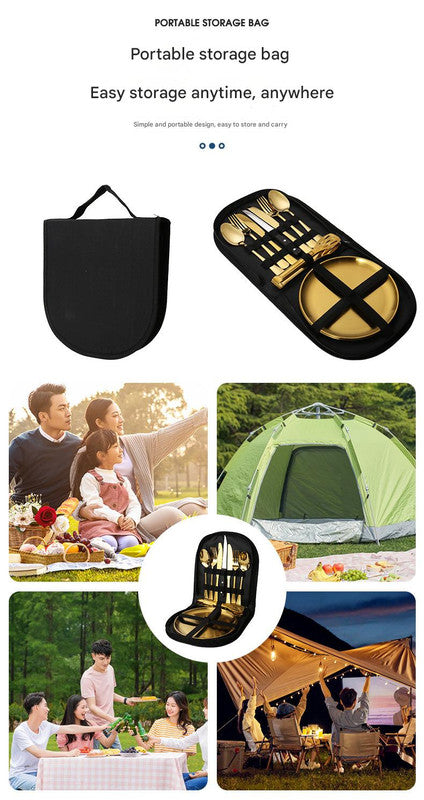 6-Piece Portable Stainless Steel Cutlery Set with Plate and Bag - Gold, Great for Camping and Travel Teaspoon