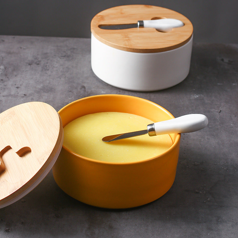 Gray Nordic Ceramic Butter Dish with Knife - Airtight Cheese Container with Bamboo Lid, Kitchen Storage