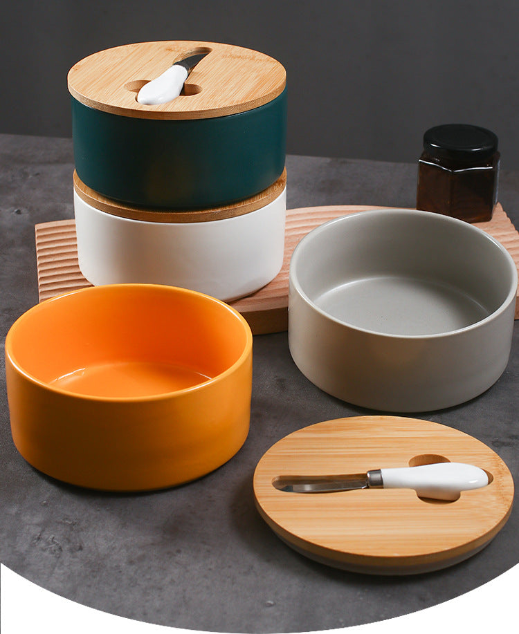 Gray Nordic Ceramic Butter Dish with Knife - Airtight Cheese Container with Bamboo Lid, Kitchen Storage