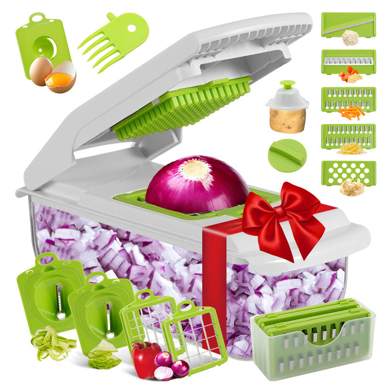 18-Piece Multi-Function Vegetable Chopper, Rotary Grater, Spiralizer and Slicer for Home Kitchen White and green