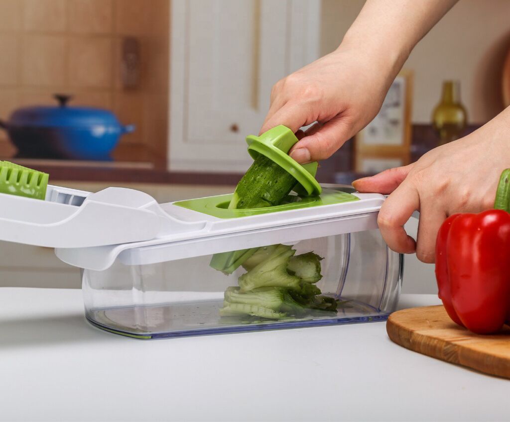 18-Piece Multi-Function Vegetable Chopper, Rotary Grater, Spiralizer and Slicer for Home Kitchen White and green