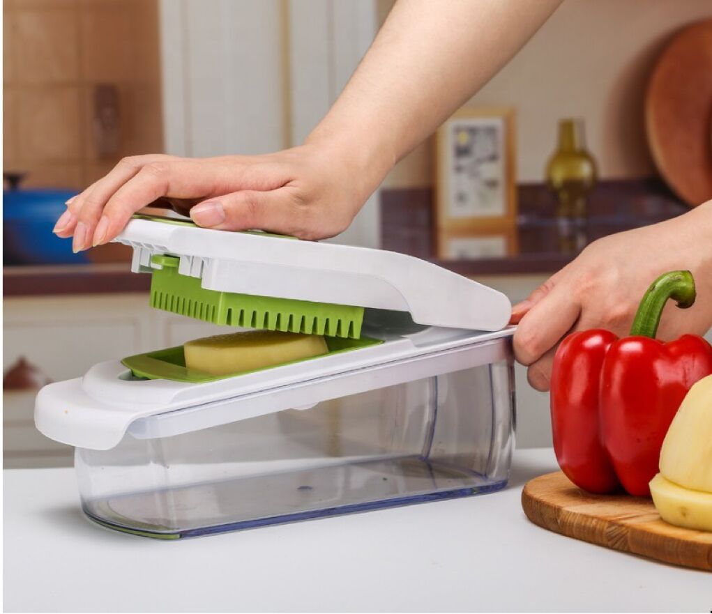 18-Piece Multi-Function Vegetable Chopper, Rotary Grater, Spiralizer and Slicer for Home Kitchen White and green