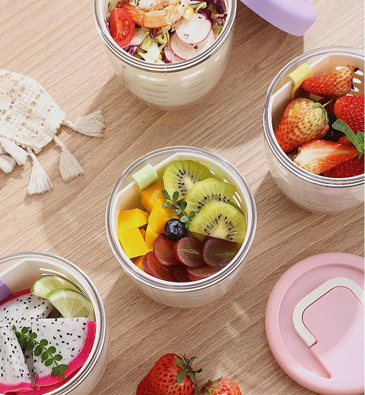 Yellow Double Layer Salad Cup with Fork - Leak-proof Fruit Container, Drain Design, Portable Oatmeal and Picnic Jar