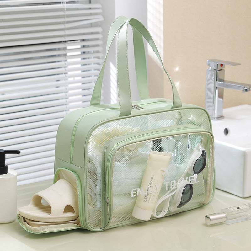 Waterproof beach bag with wet and dry separation, gym and swim storage bag, toiletries and cosmetic bag for swimsuits and goggles Black has shoe compartment