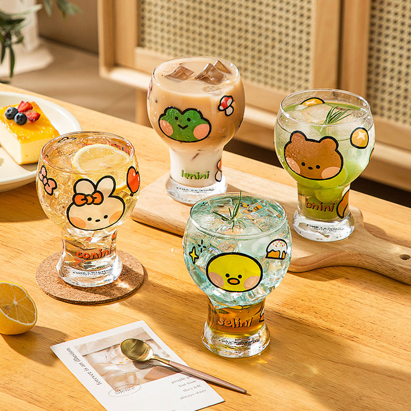 Mini Cartoon Glass Tumbler 400ml,Cute Beer and Juice Cup for Cold Drinks(Yellow duck)