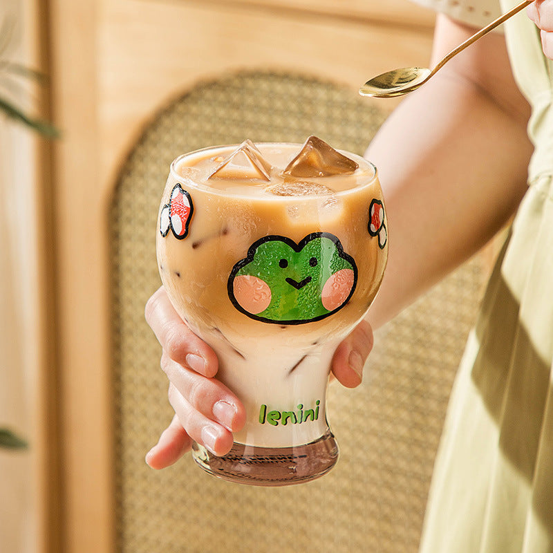 Mini Cartoon Glass Tumbler 400ml,Cute Beer and Juice Cup for Cold Drinks(Yellow duck)