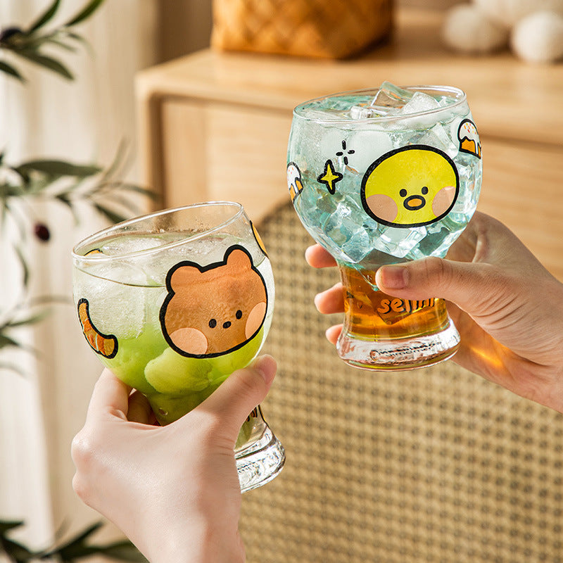 Mini Cartoon Glass Tumbler 400ml,Cute Beer and Juice Cup for Cold Drinks(Yellow duck)