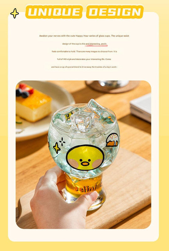 Mini Cartoon Glass Tumbler 400ml,Cute Beer and Juice Cup for Cold Drinks(Yellow duck)