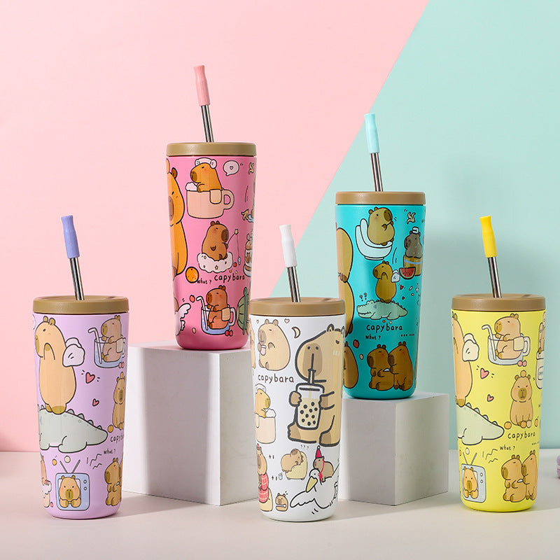 304 Stainless Steel Insulated Tumbler,Cartoon Design Portable Straw Cup for Home and Office(yellow)