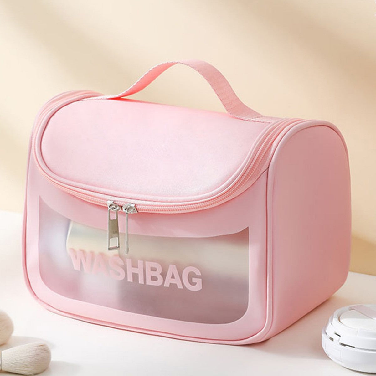PVC Transparent Cosmetic Bag,Waterproof Portable Travel Organizer with Handle Pink