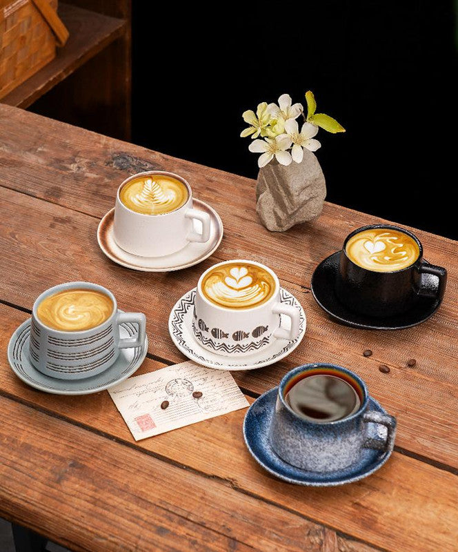 Vintage Ceramic Coffee Cup and Saucer Set - Elegant Afternoon Tea Set(Wave Pattern Gray)