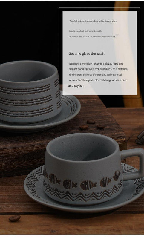 Vintage Ceramic Coffee Cup and Saucer Set - Elegant Afternoon Tea Set(Wave Pattern Gray)