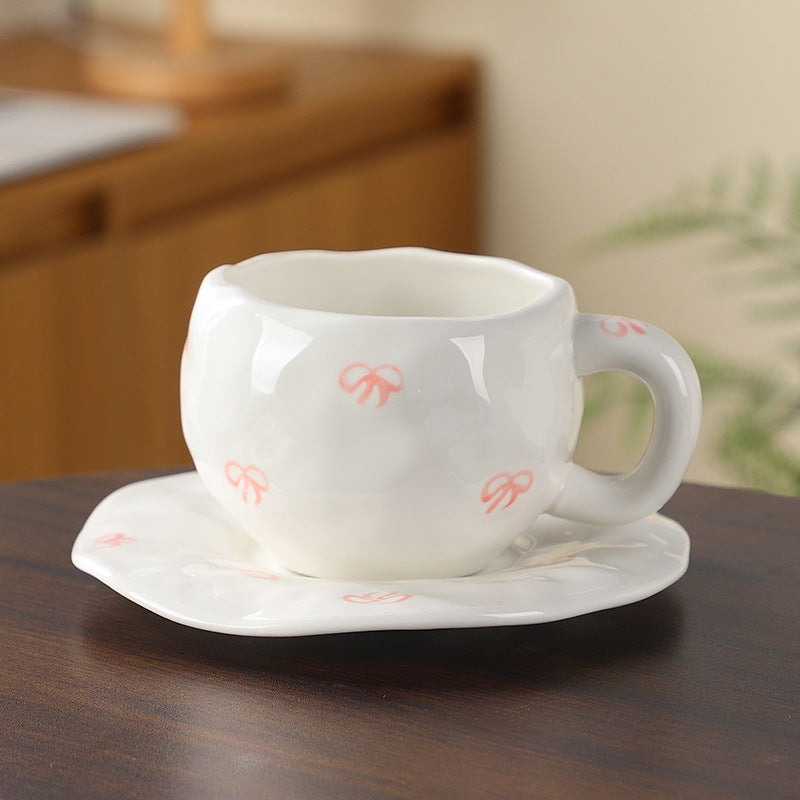 Hand-Painted Ceramic Coffee Cup and Saucer Set - Vintage Afternoon Tea Pink bow