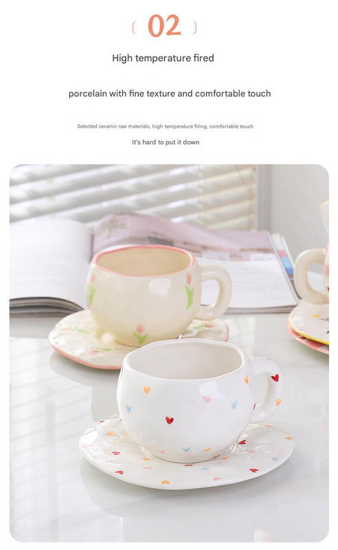 Hand-Painted Ceramic Coffee Cup and Saucer Set - Vintage Afternoon Tea Pink bow
