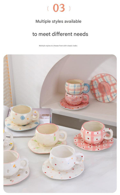 Hand-Painted Ceramic Coffee Cup and Saucer Set - Vintage Afternoon Tea Pink bow