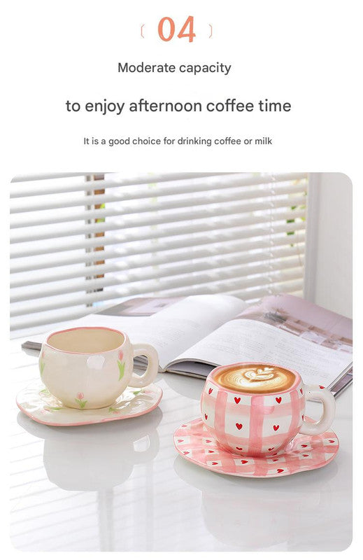 Hand-Painted Ceramic Coffee Cup and Saucer Set - Vintage Afternoon Tea Pink bow