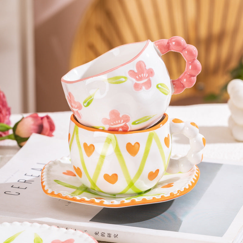 Hand-Painted Ceramic Coffee Mug and Saucer Set - Whimsical Afternoon Tea Cup with Spoon White cloud-yellow