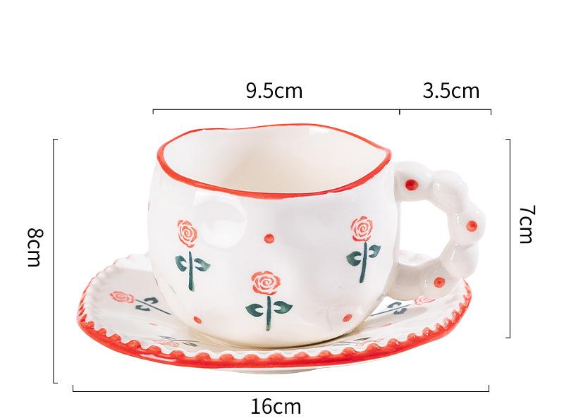 Hand-Painted Ceramic Coffee Mug and Saucer Set - Whimsical Afternoon Tea Cup with Spoon Red rose