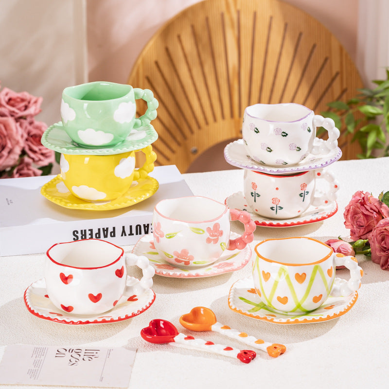 Hand-Painted Ceramic Coffee Mug and Saucer Set - Whimsical Afternoon Tea Cup with Spoon Pink-edged bow