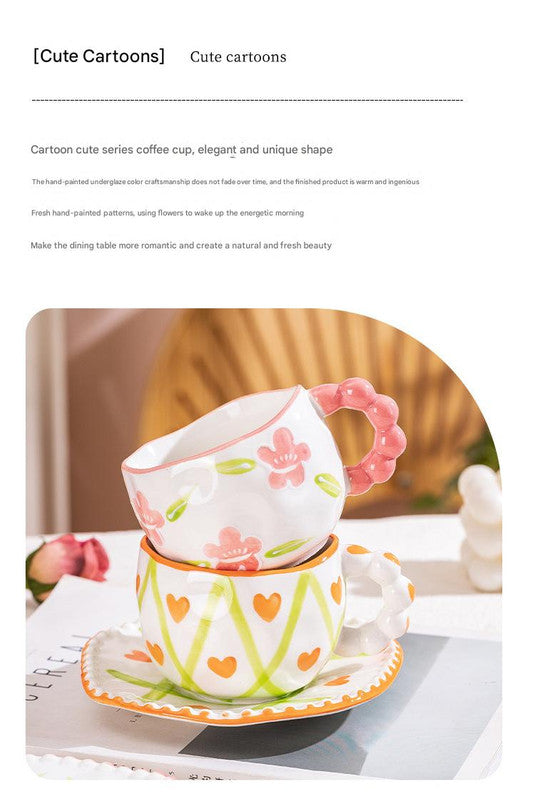 Hand-Painted Ceramic Coffee Mug and Saucer Set - Whimsical Afternoon Tea Cup with Spoon Black-edged bow