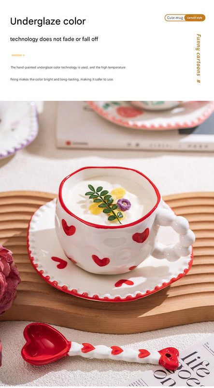 Hand-Painted Ceramic Coffee Mug and Saucer Set - Whimsical Afternoon Tea Cup with Spoon Black-edged bow
