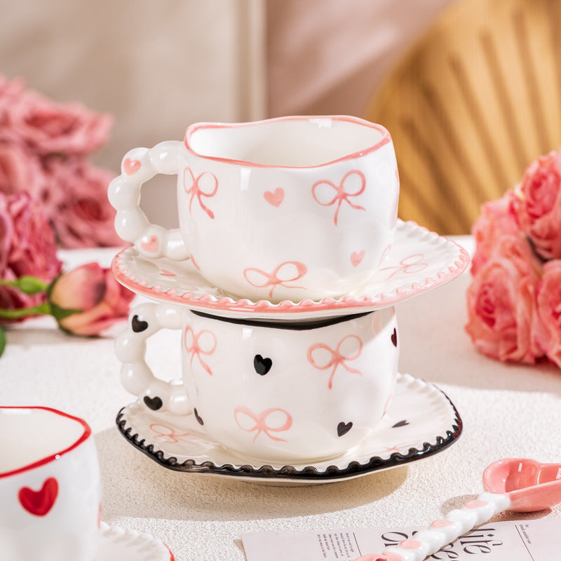 Hand-Painted Ceramic Coffee Mug and Saucer Set - Whimsical Afternoon Tea Cup with Spoon Smiley pink flower