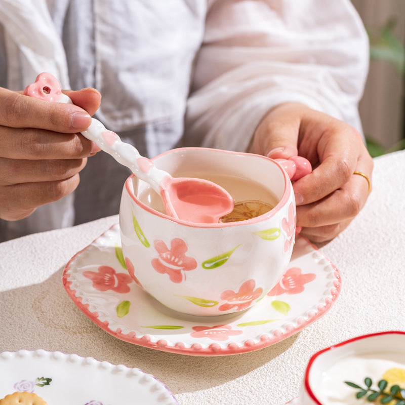Hand-Painted Ceramic Coffee Mug and Saucer Set - Whimsical Afternoon Tea Cup with Spoon Smiley pink flower