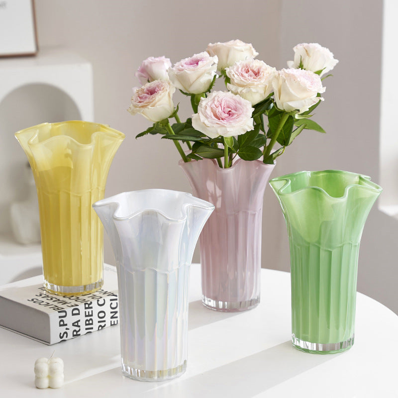 Nordic-Style Glass Vase - Elegant Fluted Flower Vase for Home Decor Yellow