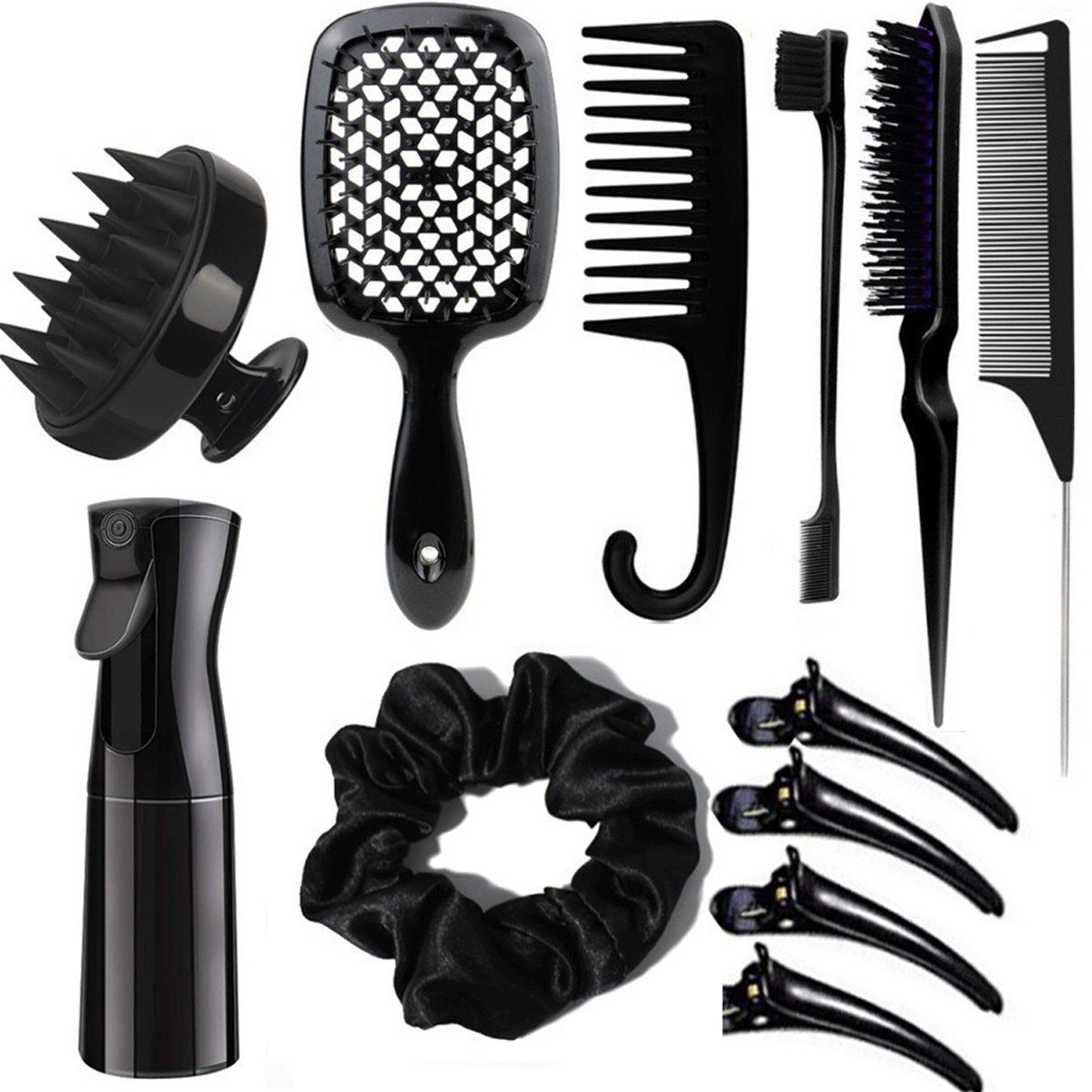 Complete Hair Styling Kit with Detangling Brushes, Combs, Spray Bottle, and Accessories black